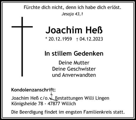 Traueranzeige von Joachim Heß von trauer.extra-tipp-moenchengladbach.de