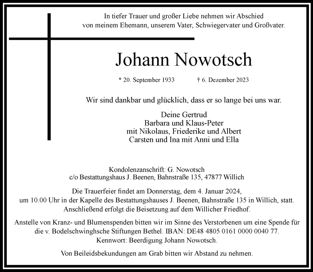  Traueranzeige für Johann Nowotsch vom 31.12.2023 aus trauer.extra-tipp-moenchengladbach.de