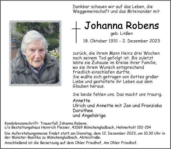 Traueranzeige von Johanna Robens von trauer.extra-tipp-moenchengladbach.de