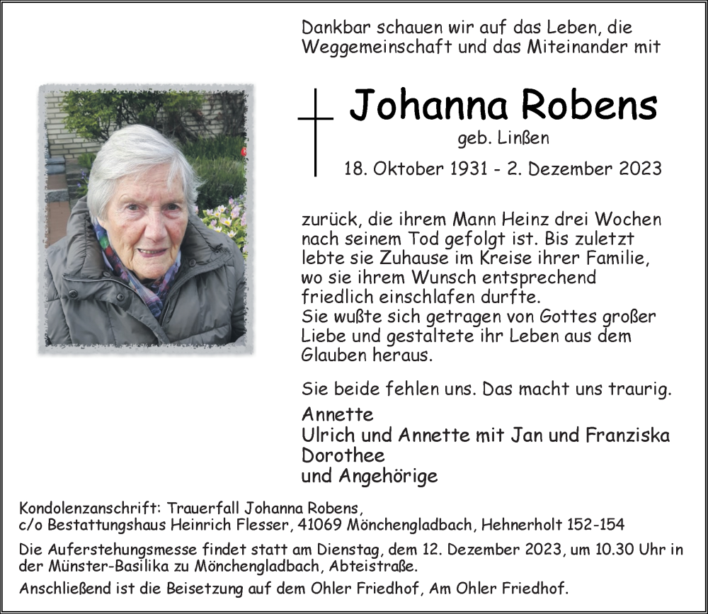  Traueranzeige für Johanna Robens vom 10.12.2023 aus trauer.extra-tipp-moenchengladbach.de