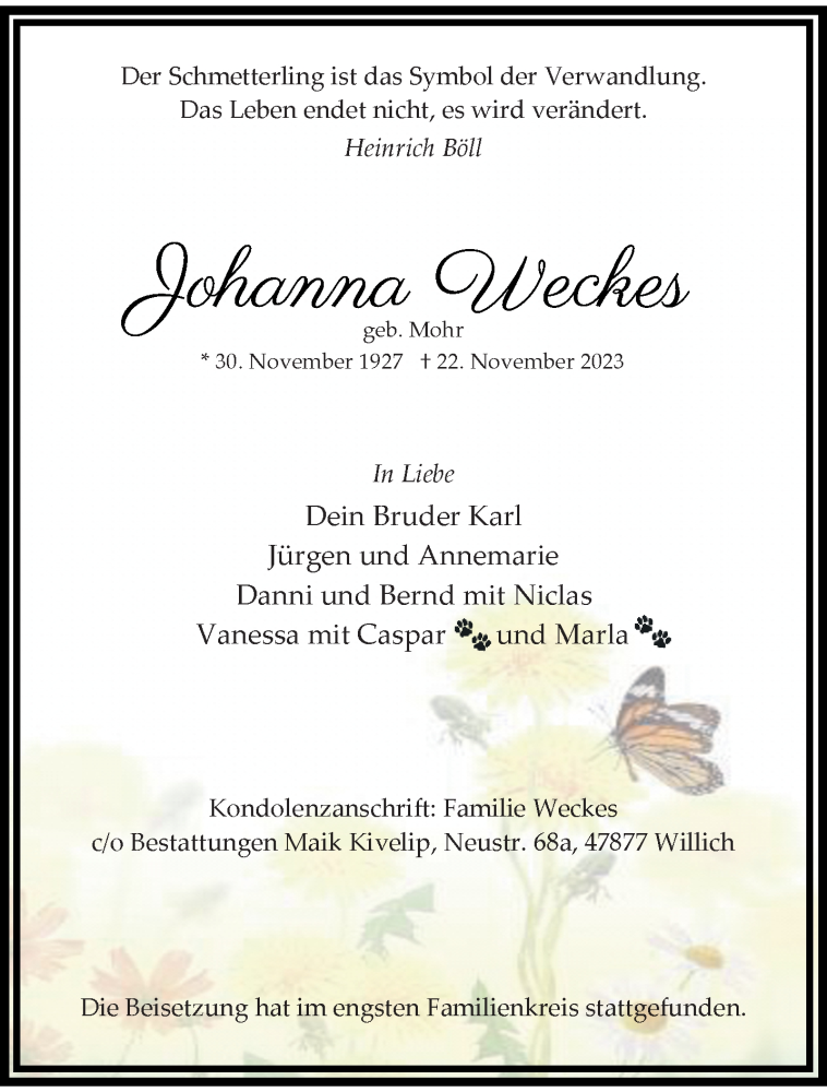  Traueranzeige für Johanna Weckes vom 17.12.2023 aus trauer.extra-tipp-moenchengladbach.de
