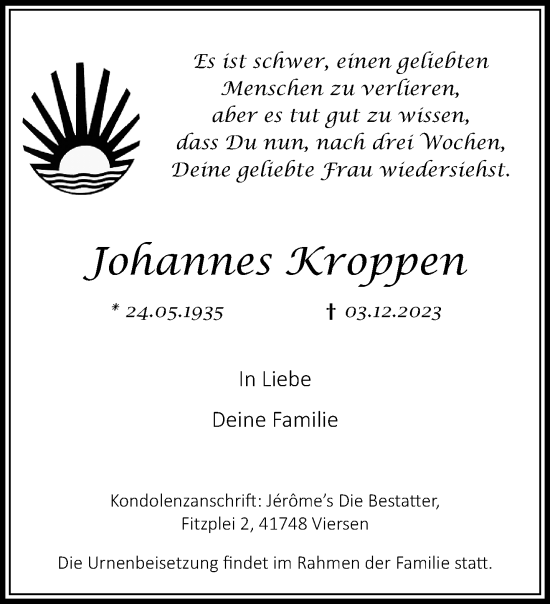 Traueranzeige von Johannes Kroppen von trauer.extra-tipp-moenchengladbach.de