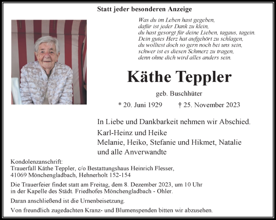 Traueranzeige von Käthe Teppler von trauer.extra-tipp-moenchengladbach.de