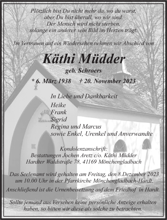 Traueranzeige von Käthi Müdder von trauer.extra-tipp-moenchengladbach.de