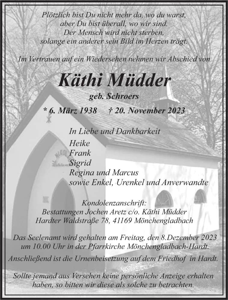  Traueranzeige für Käthi Müdder vom 03.12.2023 aus trauer.extra-tipp-moenchengladbach.de