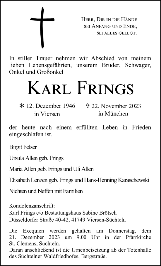 Traueranzeige von Karl Frings von trauer.extra-tipp-moenchengladbach.de