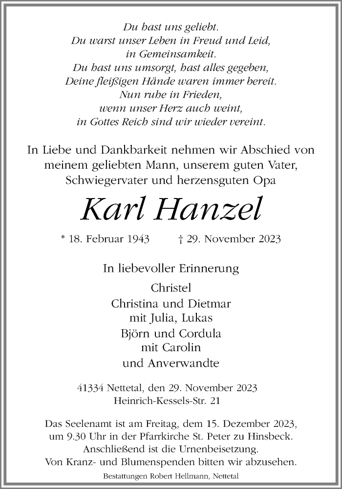  Traueranzeige für Karl Hanzel vom 10.12.2023 aus trauer.extra-tipp-moenchengladbach.de