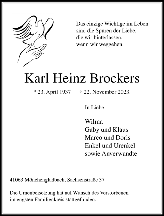 Traueranzeige von Karl Heinz Brockers von trauer.extra-tipp-moenchengladbach.de