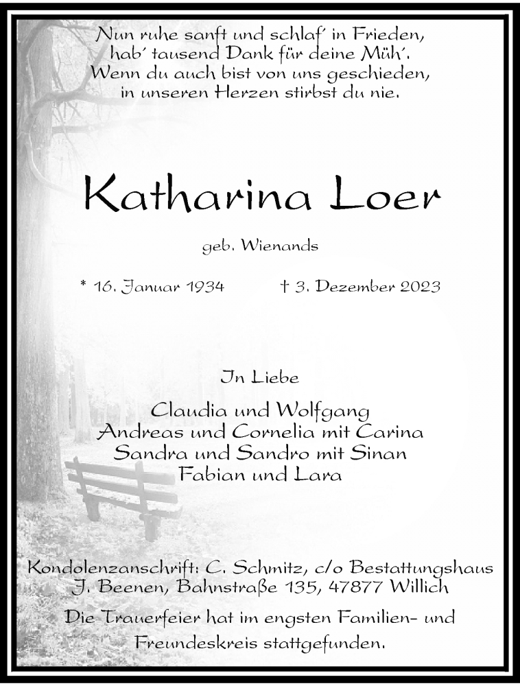  Traueranzeige für Katharina Loer vom 17.12.2023 aus trauer.extra-tipp-moenchengladbach.de