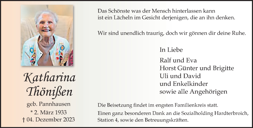  Traueranzeige für Katharina Thönißen vom 17.12.2023 aus trauer.extra-tipp-moenchengladbach.de