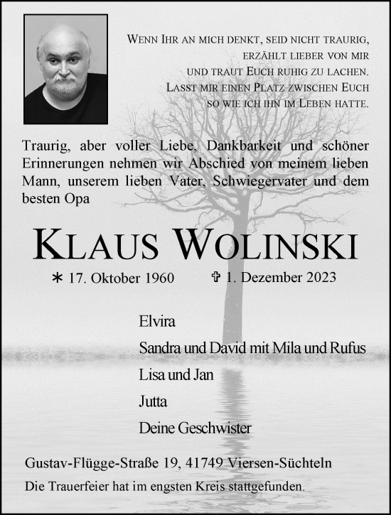 Traueranzeige von Klaus Wolinski von trauer.extra-tipp-moenchengladbach.de