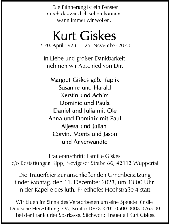Traueranzeige von Kurt Giskes von trauer.wuppertaler-rundschau.de