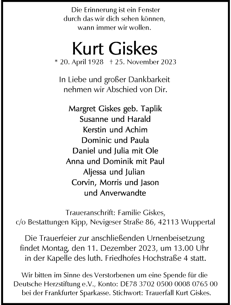  Traueranzeige für Kurt Giskes vom 09.12.2023 aus trauer.wuppertaler-rundschau.de