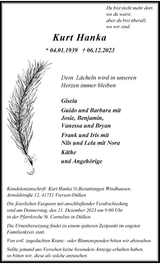 Traueranzeige von Kurt Hanka von trauer.extra-tipp-moenchengladbach.de