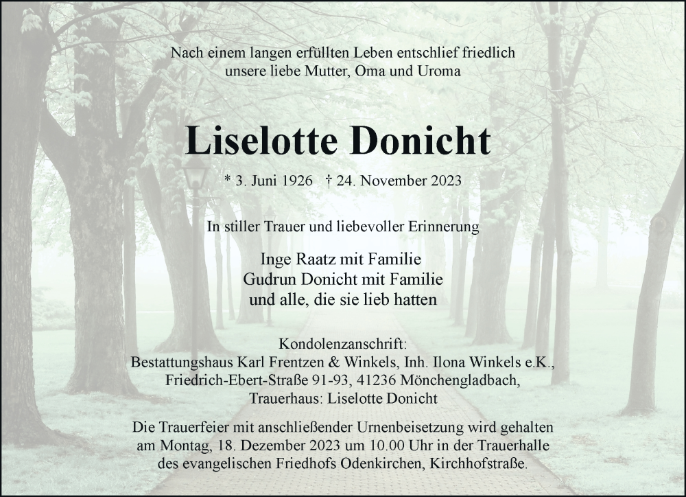  Traueranzeige für Liselotte Donicht vom 10.12.2023 aus trauer.extra-tipp-moenchengladbach.de