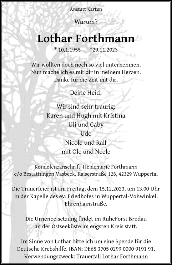 Traueranzeige von Lothar Forthmann von trauer.wuppertaler-rundschau.de