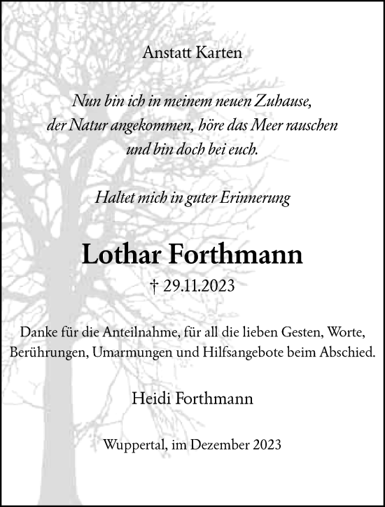 Traueranzeige von Lothar Forthmann von trauer.wuppertaler-rundschau.de