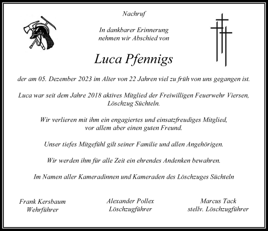 Traueranzeige von Luca Pfennigs von trauer.extra-tipp-moenchengladbach.de