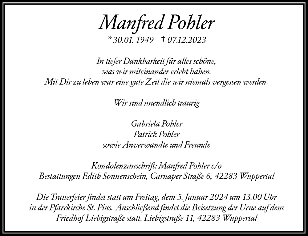  Traueranzeige für Manfred Pohler vom 23.12.2023 aus trauer.wuppertaler-rundschau.de