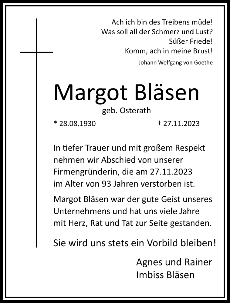  Traueranzeige für Margot Bläsen vom 10.12.2023 aus trauer.extra-tipp-moenchengladbach.de