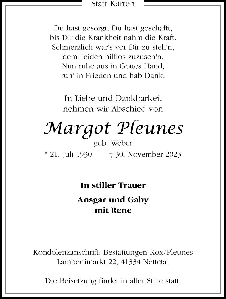  Traueranzeige für Margot Pleunes vom 03.12.2023 aus trauer.extra-tipp-moenchengladbach.de
