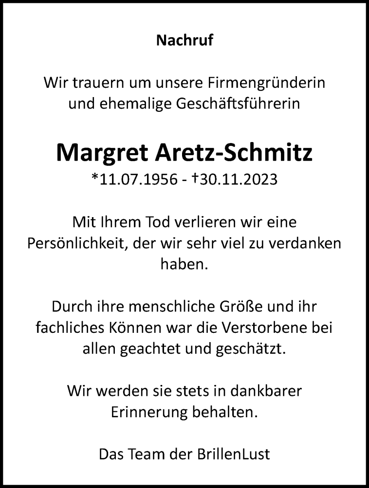  Traueranzeige für Margret Aretz-Schmitz vom 17.12.2023 aus trauer.extra-tipp-moenchengladbach.de