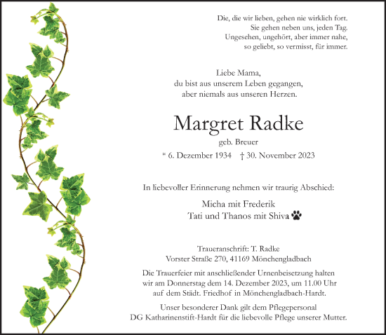 Traueranzeige von Margret Radke von trauer.extra-tipp-moenchengladbach.de