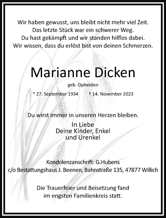 Traueranzeige von Marianne Dicken von trauer.extra-tipp-moenchengladbach.de