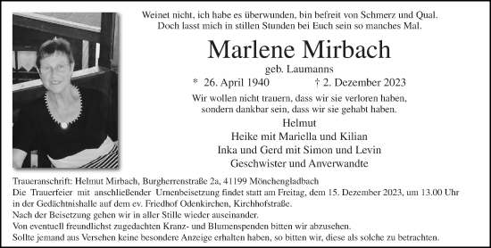 Traueranzeige von Marlene Mirbach von trauer.extra-tipp-moenchengladbach.de
