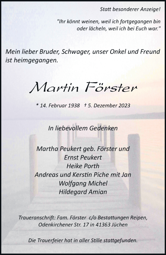 Traueranzeige von Martin Förster von trauer.stadt-kurier.de