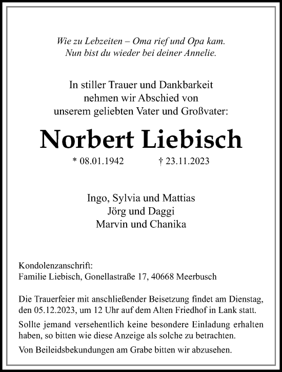 Traueranzeige von Norbert Liebisch von trauer.extra-tipp-moenchengladbach.de
