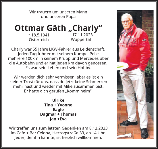 Traueranzeige von Ottmar Gäth von trauer.wuppertaler-rundschau.de