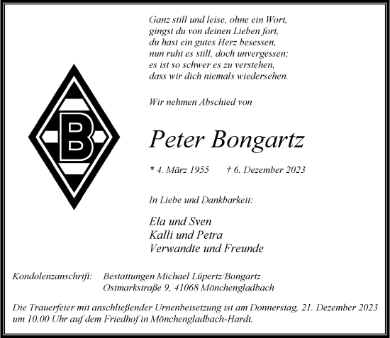 Traueranzeige von Peter Bongartz von trauer.extra-tipp-moenchengladbach.de