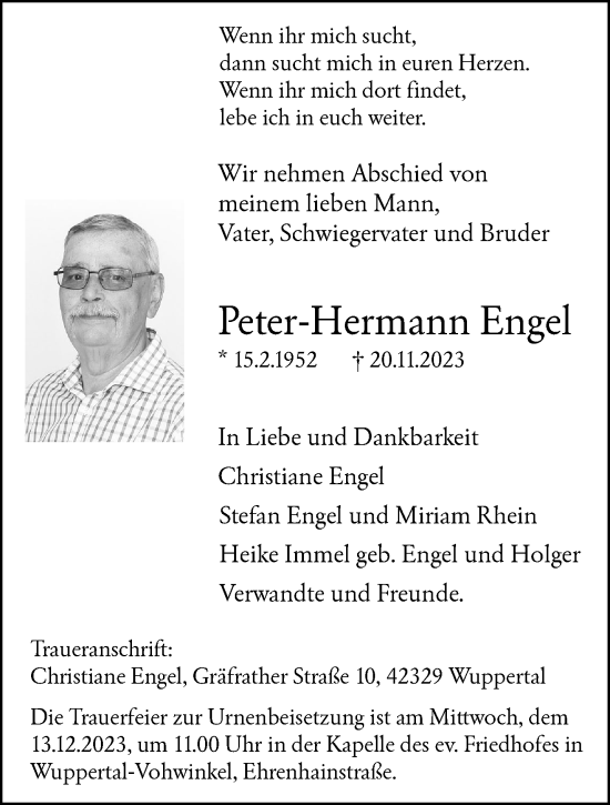 Traueranzeige von Peter-Hermann Engel von trauer.wuppertaler-rundschau.de