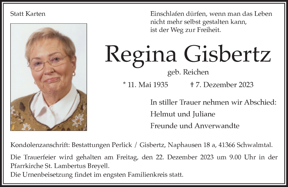  Traueranzeige für Regina Gisbertz vom 17.12.2023 aus trauer.extra-tipp-moenchengladbach.de