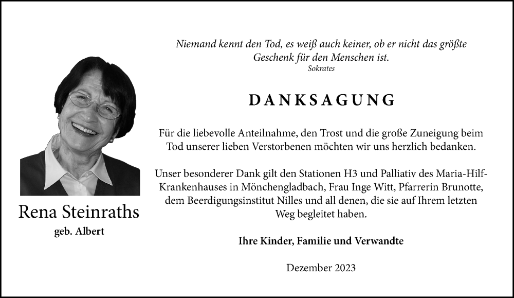  Traueranzeige für Rena Steinraths vom 31.12.2023 aus trauer.extra-tipp-moenchengladbach.de