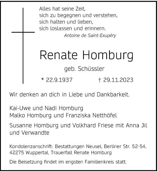 Traueranzeige von Renate Homburg von trauer.wuppertaler-rundschau.de
