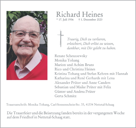 Traueranzeige von Richard Heines von trauer.extra-tipp-moenchengladbach.de