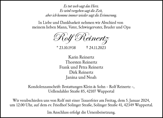 Traueranzeige von Rolf Reinertz von trauer.wuppertaler-rundschau.de
