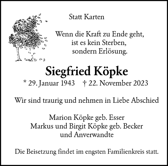 Traueranzeige von Siegfried Köpke von trauer.wuppertaler-rundschau.de