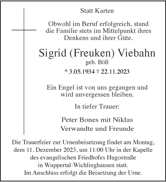 Traueranzeige von Sigrid Viebahn von trauer.wuppertaler-rundschau.de