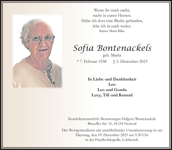Traueranzeige von Sofia Bontenackels von trauer.extra-tipp-moenchengladbach.de