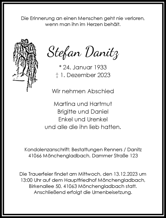 Traueranzeige von Stefan Danitz von trauer.extra-tipp-moenchengladbach.de