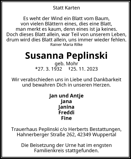 Traueranzeige von Susanna Peplinski von trauer.wuppertaler-rundschau.de