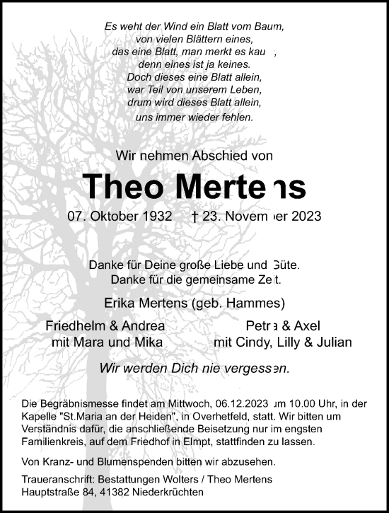 Traueranzeige von Theo Mertens von trauer.extra-tipp-moenchengladbach.de