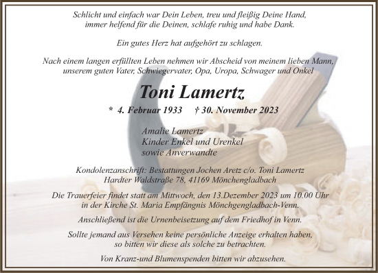Traueranzeige von Toni Lamertz von trauer.extra-tipp-moenchengladbach.de