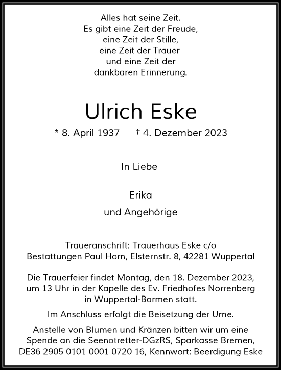 Traueranzeige von Ulrich Eske von trauer.wuppertaler-rundschau.de