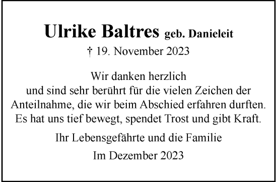 Traueranzeige von Ulrike Baltres von trauer.wuppertaler-rundschau.de