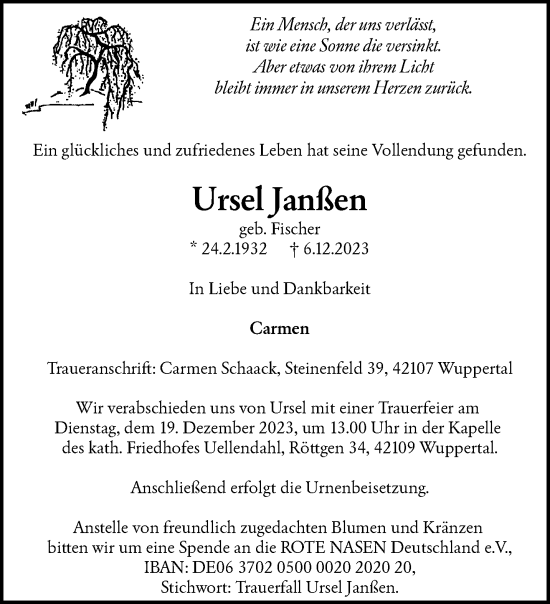 Traueranzeige von Ursel Janßen von trauer.wuppertaler-rundschau.de