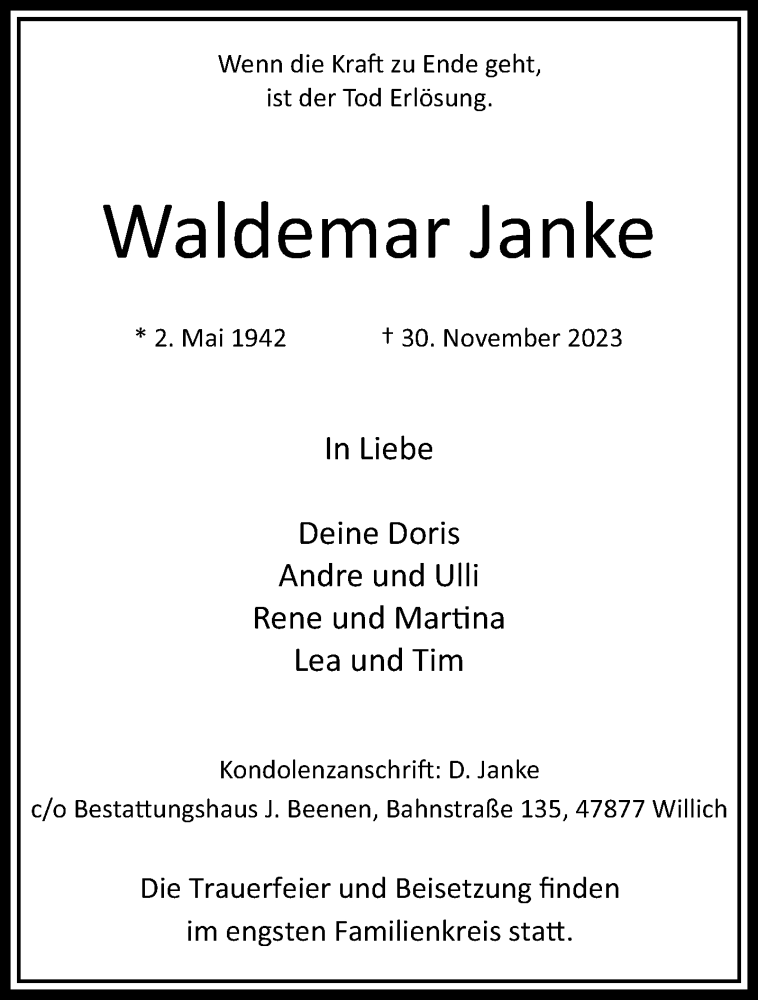  Traueranzeige für Waldemar Janke vom 10.12.2023 aus trauer.extra-tipp-moenchengladbach.de